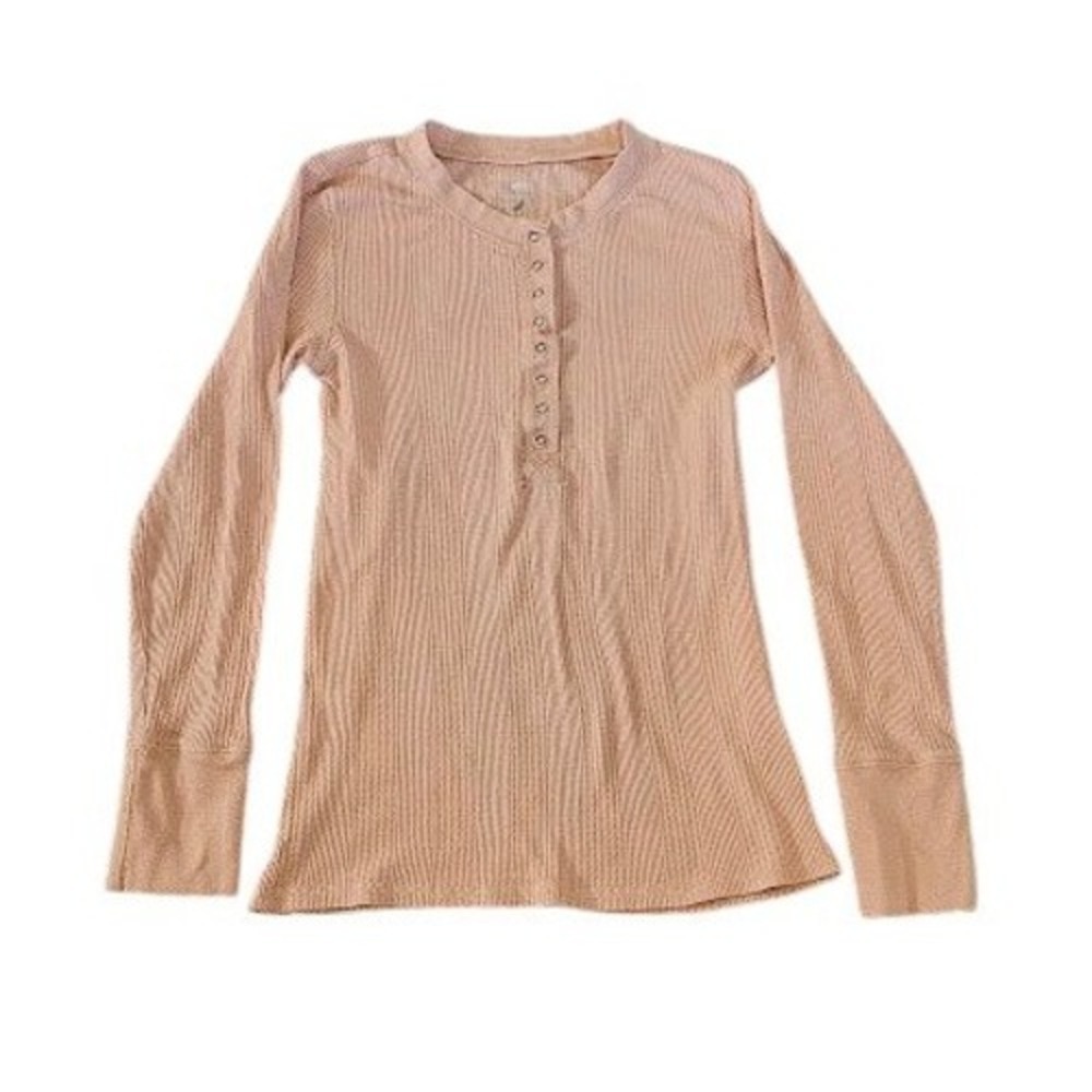 Aerie Ribbed Henley Shirt Women Small Orange Peach Long Sleeve Basic Lightweight